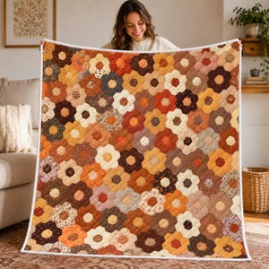 Autumn Hexagon Patchwork Quilt, Rustic Fall Quilt Blanket, Thanksgiving Floral Hexagon Throw, Farmhouse Harvest Bedroom Decor