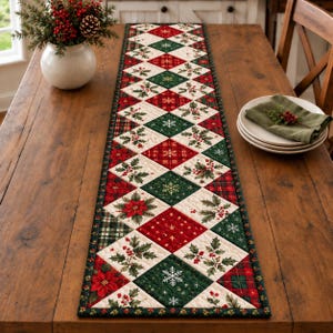 Christmas Quilted Table Runner, Red Green Plaid Diamond Patchwork, Vintage Poinsettia Farmhouse Holiday Table Decor