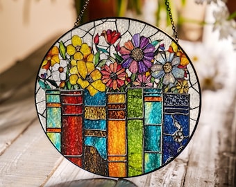 Flower Book Stained Glass Suncatcher, Floral Book Window Hanging Decor, Colorful Botanical Book Art for Reading Corner