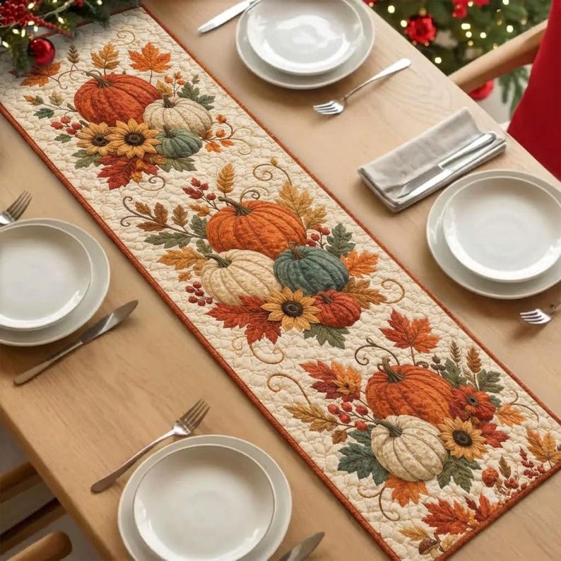 Pumpkin Fall Table Runner, Autumn Leaves Sunflower Quilted Runner ...