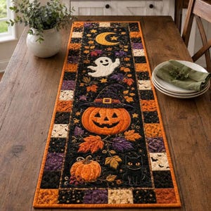 Może przedstawiać: Prostokątny, pikowany bieżnik na stół z czarnym tłem i motywem Halloween. Wzór przedstawia białego ducha, żółty półksiężyc, dynię w kapeluszu czarownicy, mniejszą pomarańczową dynię oraz czarnego kota.