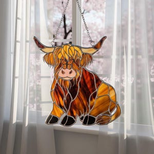 Cute Highland Cow and Butterfly Acrylic Suncatcher, Faux Stained Glass Window Hanging, Highland Cow Suncatcher, Suncatcher for Nature Lovers