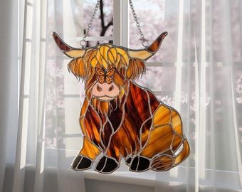 Cute Highland Cow and Butterfly Acrylic Suncatcher, Faux Stained Glass Window Hanging, Highland Cow Suncatcher, Suncatcher for Nature Lovers