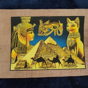 Cleopatra and Eye of Horus Papyrus Painting, Glowy Egyptian Wall Art, Hand Painted Ancient Papyrus Decor, Glittered Egyptian Symbol Artwork