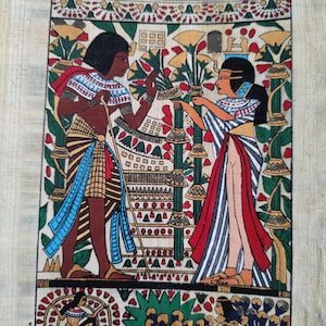 Tutankhamun and Ankhesenamun Garden Scene Papyrus Art | Amarna Royal Couple in Pavilion | Ancient Egyptian Royal Romance Artwork