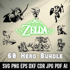 May include: A collection of black and white illustrations of characters from The Legend of Zelda video game. The text "THE LEGEND OF ZELDA" is in the center, with "60 HERO BUNDLE" below. File formats include SVG, PNG, EPS, DXF, CDR, JPG, PDF, and AI.