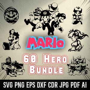 Puede incluir: Ilustraciones en blanco y negro de personajes de Mario, incluyendo a Mario, Luigi, la Princesa Peach y otros. La palabra "MARIO" está en rosa y azul, con "60 HERO BUNDLE" debajo. Formatos de archivo: SVG, PNG, EPS, DXF, CDR, JPG, PDF y AI.