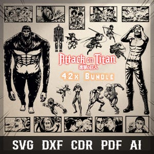 Puede incluir: Paquete de arte digital en blanco y negro con personajes y escenas de "Ataque a los Titanes". Incluye ilustraciones de titanes y soldados, con el texto "Attack on Titan" y "42x BUNDLE."