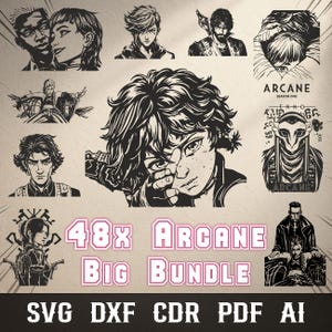 May include: A collection of black and white illustrations featuring characters from the animated series "Arcane." The images include portraits and action poses, with the text "48x Arcane Big Bundle" and file format options.