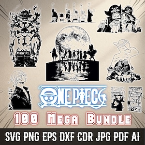 May include: A collection of black and white illustrations featuring characters and scenes from the anime series "One Piece." The images include character portraits, group shots, and the series logo. The text "ONE PIECE" and "100 MEGA BUNDLE" are also visible.