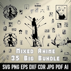 Op de afbeelding: Een verzameling zwarte anime-thema uitsparingen en illustraties, waaronder personages en scènes. De afbeelding toont een centrale figuur doorboord met pijlen, omringd door kleinere ingelijste afbeeldingen en personages zoals Sailor Moon en Totoro. Tekst luidt "Mixed Anime 35 Big Bundle."