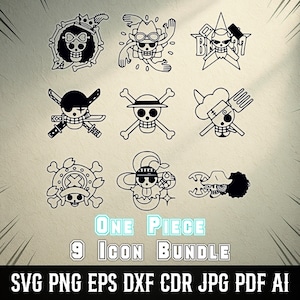 May include: Nine black and white One Piece icon designs. The icons include skull and crossbones, a chef's hat with a fork, and a skull with a star. The text "One Piece 9 Icon Bundle" is displayed below the icons, along with file type options.