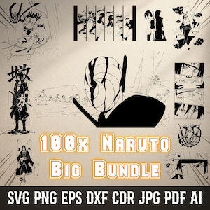 May include: A collection of black and white Naruto-themed illustrations. The image includes various character designs and the text "100x Naruto Big Bundle" in orange. File formats include SVG, PNG, EPS, DXF, CDR, JPG, PDF, and AI.