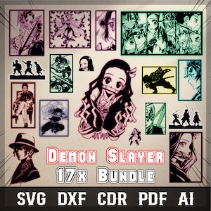 Può includere: Una collezione di 17 design di arte digitale a tema Demon Slayer. Le immagini presentano vari personaggi in bianco e nero, con alcuni accenti di colore. Il testo "Demon Slayer 17x Bundle" è visualizzato in modo prominente.