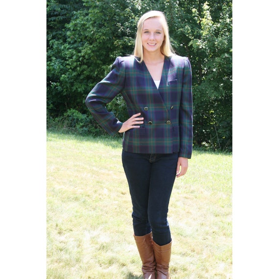 80s 90s Green Plaid SASSON Cropped Double Breasted