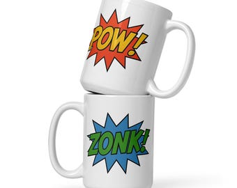 POW & ZONK Mug | Comic Book Coffee Cup | Pop Art Double Sided White Ceramic