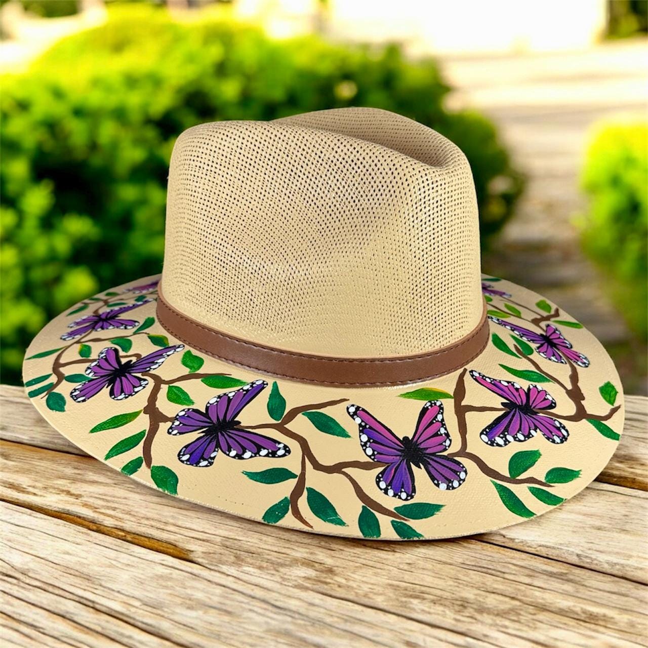 Hand Painted Black Fedora Hat Tropical Green Leaf Wide Brim Statement Hat L Palm Fedora Hat, Wide Brim Hat, Summer , Straw Hat, Panama  main image 4