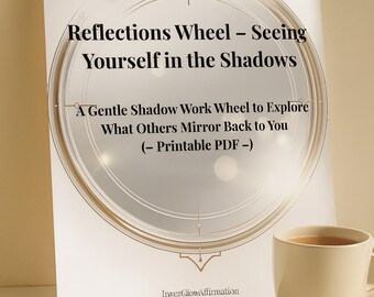 May include: A white print titled "Reflections Wheel - Seeing Yourself in the Shadows" with a circular design. A cup of tea, a notepad, and a pen are next to the print. The print is a printable PDF.