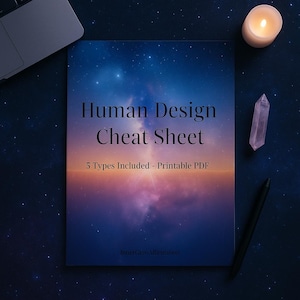 May include: A Human Design cheat sheet in PDF format, with a starry sky background. The text reads "Human Design Cheat Sheet" and mentions 5 types included. Designed by Innerflow Affirmation. A candle, crystal, and pen are also visible.