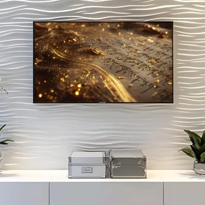 May include: A television screen shows a close-up of a golden, textured surface with script. Below, a white cabinet holds two silver boxes. The wall behind the television has a wavy, textured design.