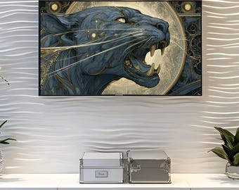 Roaring Panther Digital Art, Black and Gold Samsung TV Art (Instant Download)