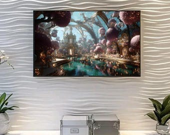 Dreamlike Fantasy City Art, Magical Kingdom Lake Palace (Digital Download)