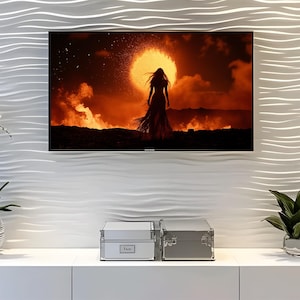 Fiery Silhouette Digital Art, Woman Lava Landscape Print, Samsung TV Art Download, Dramatic Wall Decor, Dark Fantasy Digital Download