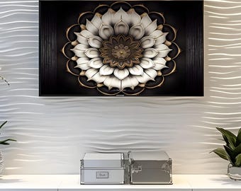 Peut inclure: Une grande œuvre d'art murale décorative représentant un motif floral tridimensionnel détaillé. L'œuvre présente une fleur centrale avec des pétales blancs, des accents dorés et un centre brun foncé, sur fond noir.