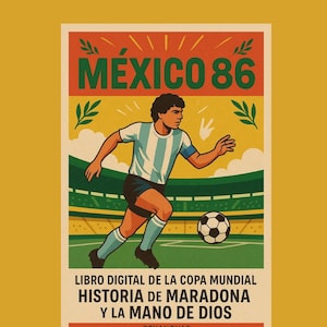 May include: A vintage-style poster with the text "MÉXICO 86" in red and green. It features an illustration of a soccer player in a blue and white striped jersey, running with a soccer ball. The poster includes text in Spanish about the World Cup and Maradona.