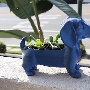 May include: A blue dachshund-shaped planter filled with green succulents. The planter is made of a solid material and is sitting on a white ledge. The background includes greenery and a street scene.