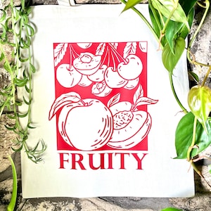 Fruity Tote Bag – Cherry & Peach Graphic – Vinyl Print on 100% Cotton – Eco-Friendly Reusable Bag for LGBTQ – Sapphic – Tote Bag