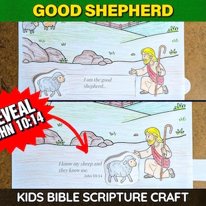 May include: A children's Bible craft with the text "GOOD SHEPHERD" at the top. The craft features illustrations of a shepherd, sheep, and the text "REVEAL JOHN 10:14". The phrase "KIDS BIBLE SCRIPTURE CRAFT" is at the bottom.