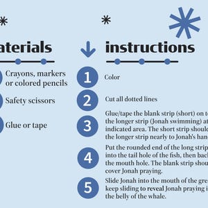 May include: A light blue instructional guide with the words "materials" and "instructions". The materials list includes crayons, scissors, and glue. The instructions detail a craft project involving Jonah and a whale.