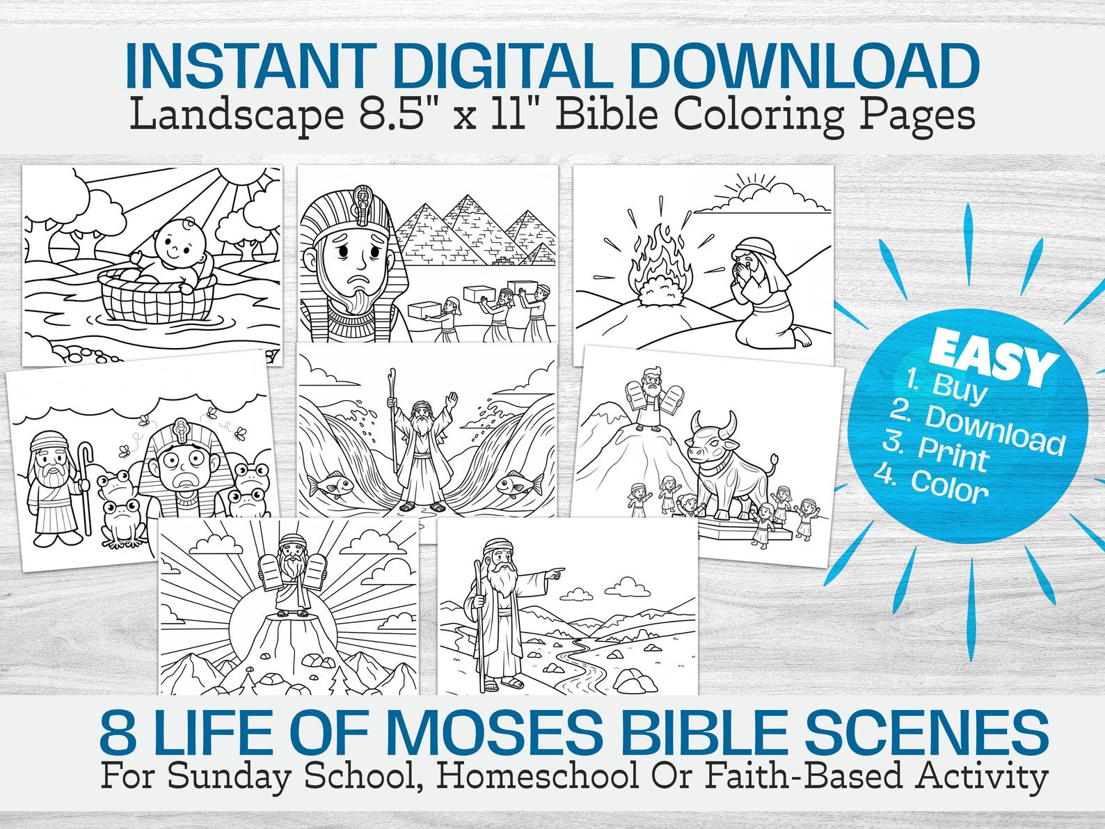 Moses Coloring Pages Bundle Pack | 8 Coloring Activity Sheets ...