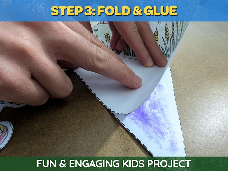 May include: A craft project in progress, with the text "STEP 3: FOLD & GLUE" at the top. The image shows hands folding a paper cutout with a wheat design. The bottom of the image reads "FUN & ENGAGING KIDS PROJECT."