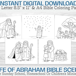 May include: Black and white line art illustrations of five scenes from the life of Abraham. The images include Abraham with a staff, a tent, and other figures. Text at the top reads "INSTANT DIGITAL DOWNLOAD". The pages are 8.5" x 11" and A4 size.