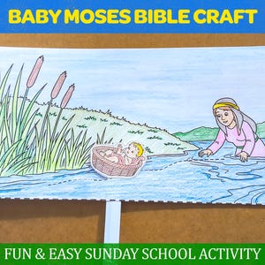 Könnte beinhalten: Eine farbenfrohe Illustration, die die Geschichte von Baby Moses darstellt. Das Bild zeigt ein Baby in einem Korb im Wasser, eine Frau, die sich ausstreckt, und den Text "BABY MOSES BIBLE CRAFT" und "FUN & EASY SUNDAY SCHOOL ACTIVITY".