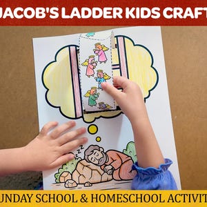Könnte beinhalten: Kinderhände interagieren mit einem farbenfrohen "Jakobsleiter"-Bastelprojekt. Das Bastelprojekt zeigt Illustrationen von Engeln und einer schlafenden Figur, mit dem Text "JACOB'S LADDER KIDS CRAFT" und "SUNDAY SCHOOL & HOMESCHOOL ACTIVITY".
