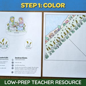 May include: A printable craft activity with instructions and illustrations. The image includes a scene with figures, wheat, and a landscape, along with the text "STEP 1: COLOR" and "LOW-PREP TEACHER RESOURCE".