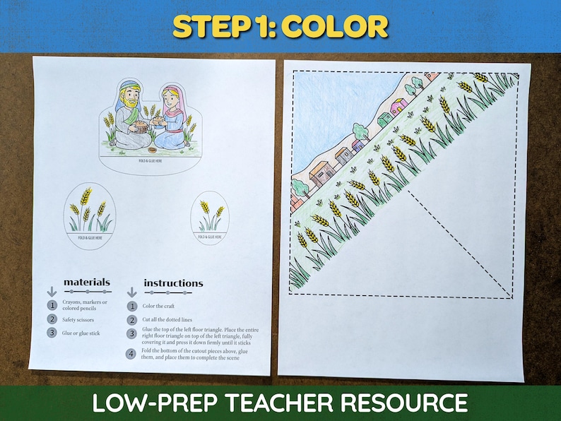 May include: A printable craft activity with instructions and illustrations. The image includes a scene with figures, wheat, and a landscape, along with the text "STEP 1: COLOR" and "LOW-PREP TEACHER RESOURCE".