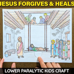Puede incluir: Una página para colorear con el texto "JESUS FORGIVES & HEALS" y "LOWER PARALYTIC KIDS CRAFT". La ilustración representa una escena bíblica con figuras bajando a una persona en una camilla. La escena está ambientada en una habitación con una ventana.