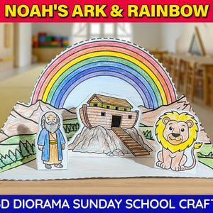 Puede incluir: Una manualidad de diorama 3D con el Arca de Noé y un arcoíris. La escena incluye un arcoíris colorido, el arca, un león y una figura de Noé. El texto en la parte superior dice "Noah's Ark & Rainbow" y en la parte inferior "3D Diorama Sunday School Craft".