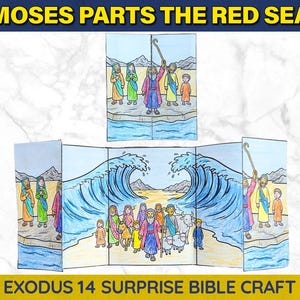 May include: A paper craft depicting the biblical story of Moses parting the Red Sea. The top section shows Moses holding a staff, while the bottom section features a multi-panel fold-out scene with large blue waves, people, and animals.