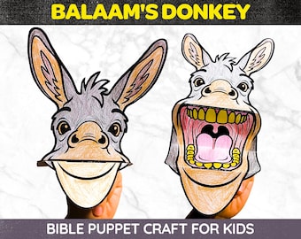 Könnte beinhalten: Zwei Esels-Handpuppen aus Papier mit der Aufschrift Balaam's Donkey. Eine Puppe hat ein geschlossenes Maul, die andere ein offenes Maul mit sichtbaren Zähnen und Zunge. Die Eselköpfe sind in Grau-, Braun- und Rosatönen gehalten und haben große Ohren.