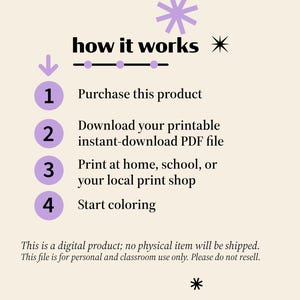 May include: A beige graphic with the text "how it works" and numbered steps. The steps describe purchasing, downloading, printing, and coloring a digital product. The image includes decorative purple star and arrow elements.