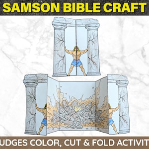 May include: A color, cut, and fold activity featuring a cartoon illustration of Samson. The image shows Samson pushing against pillars, with text that reads "SAMSON BIBLE CRAFT" and "JUDGES COLOR, CUT & FOLD ACTIVITY". The illustration is in shades of gray, blue, and tan.