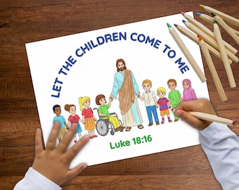 May include: A colourful illustration of Jesus with children, with the text "LET THE CHILDREN COME TO ME" and "Luke 18:16". The image is on white paper, with coloured pencils scattered around. A child's hand is holding a pencil.