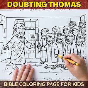 May include: Black and white line drawing of a Bible scene with the text "DOUBTING THOMAS" at the top and "BIBLE COLORING PAGE FOR KIDS" at the bottom. A hand is coloring the image with a yellow crayon.