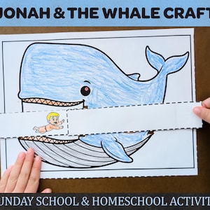 May include: A blue and white whale craft with the text "Jonah & The Whale Craft" at the top. A child's hands are holding a paper strip with a cartoon of a person. The text "Sunday School & Homeschool Activity" is at the bottom.