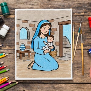 May include: A colorful illustration of a woman in a blue dress and veil holding a baby. The artwork is set in a room with stone walls and a wooden door. Paintbrushes, paint, and colored pencils surround the canvas.